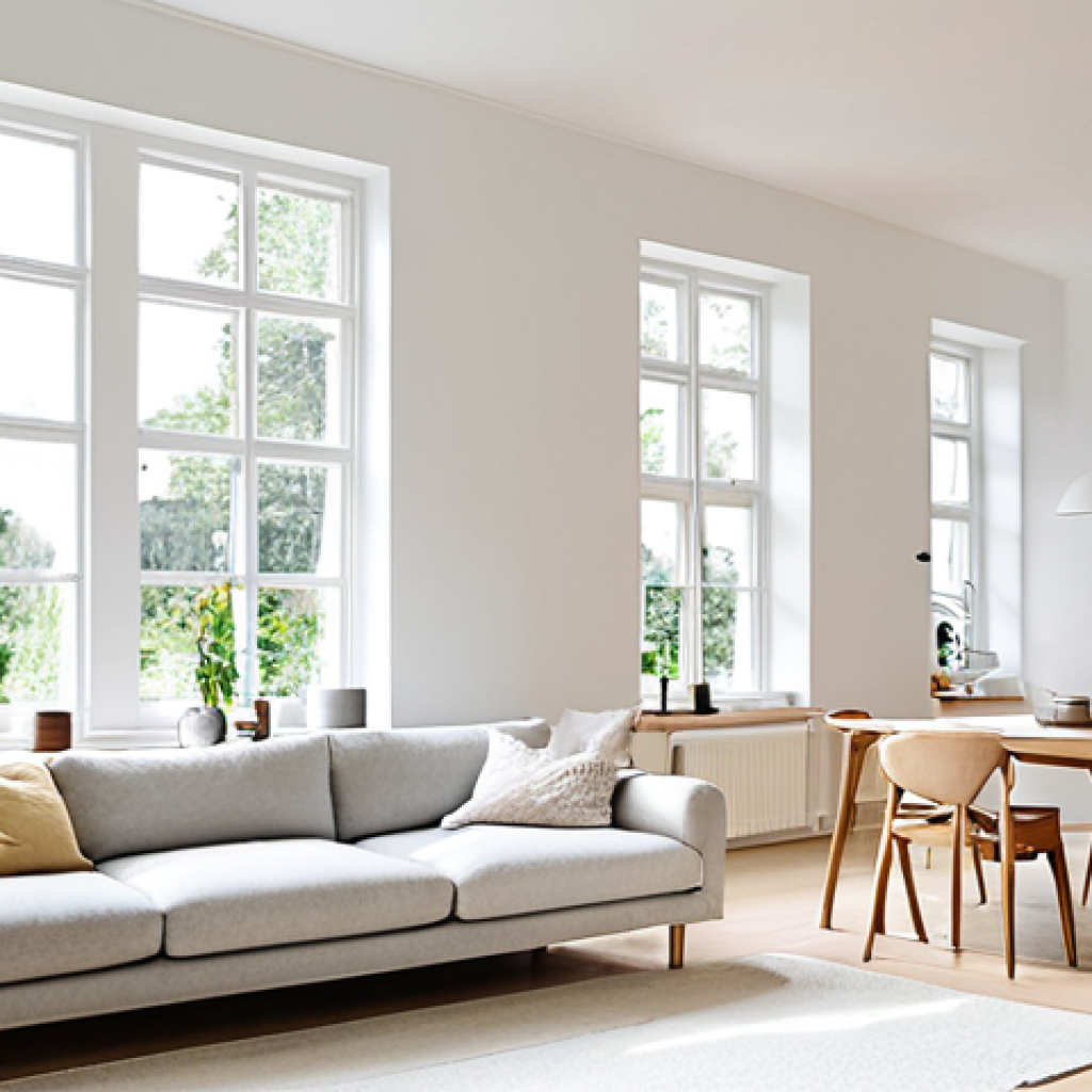 A Scandinavian-inspired living room with white walls, large windows, and ample natural light, evoking a sense of calm and tranquility. Focus on the color and lighting elements to create a bright, airy space.