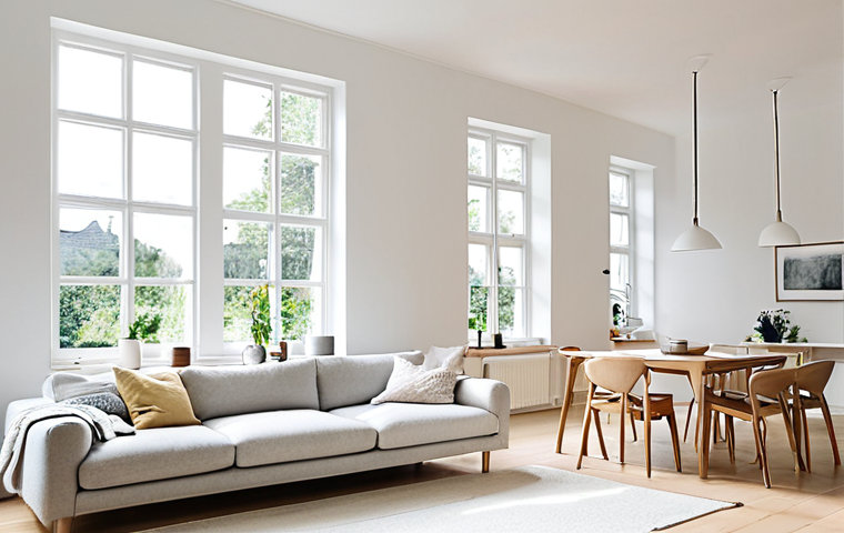 A Scandinavian-inspired living room with white walls, large windows, and ample natural light, evoking a sense of calm and tranquility. Focus on the color and lighting elements to create a bright, airy space.