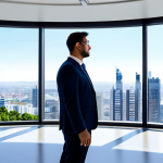 A professional construction project manager in a crisp business suit, standing in a modern, brightly lit office. He is interacting with a large, transparent holographic display showcasing intricate 3D architectural models, real-time financial dashboards, and predictive analytics charts related to a large-scale construction project. The office features sleek, minimalist design and floor-to-ceiling windows overlooking a vibrant city skyline. The image conveys foresight and technological integration in budget control. fully clothed, appropriate attire, modest clothing, perfect anatomy, well-formed hands, correct proportions, natural pose, professional photography, high quality, safe for work, appropriate content, family-friendly.