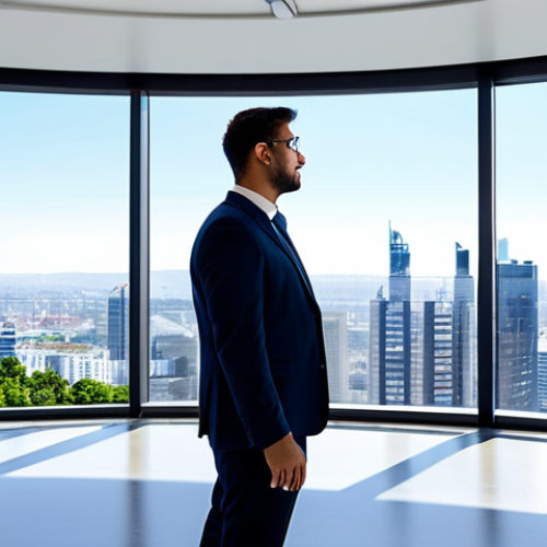 Home 17 A professional construction project manager in a crisp business suit, standing in a modern, brightly lit office. He is interacting with a large, transparent holographic display showcasing intricate 3D architectural models, real-time financial dashboards, and predictive analytics charts related to a large-scale construction project. The office features sleek, minimalist design and floor-to-ceiling windows overlooking a vibrant city skyline. The image conveys foresight and technological integration in budget control. fully clothed, appropriate attire, modest clothing, perfect anatomy, well-formed hands, correct proportions, natural pose, professional photography, high quality, safe for work, appropriate content, family-friendly.