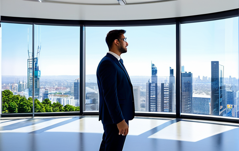 A professional construction project manager in a crisp business suit, standing in a modern, brightly lit office. He is interacting with a large, transparent holographic display showcasing intricate 3D architectural models, real-time financial dashboards, and predictive analytics charts related to a large-scale construction project. The office features sleek, minimalist design and floor-to-ceiling windows overlooking a vibrant city skyline. The image conveys foresight and technological integration in budget control. fully clothed, appropriate attire, modest clothing, perfect anatomy, well-formed hands, correct proportions, natural pose, professional photography, high quality, safe for work, appropriate content, family-friendly.