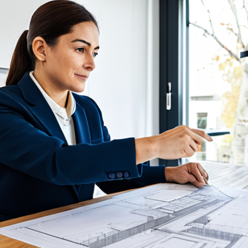Home 8 A professional female architect, wearing a modest business blazer, attentively listening to a male client in a professional collared shirt. They are seated at a sleek modern office desk, reviewing architectural blueprints spread out before them. The architect maintains eye contact, conveying deep empathy, while the client gestures, pointing at a section of the plan. A subtle, older, hand-drawn sketch of a cozy, traditional home element (like a fireplace or a bay window) is also visible on the table next to the modern plans, hinting at unspoken preferences. The background shows a bright, contemporary office space with large windows. professional photography, high quality, perfect anatomy, correct proportions, natural pose, well-formed hands, proper finger count, natural body proportions, safe for work, appropriate content, fully clothed, modest clothing, family-friendly.
