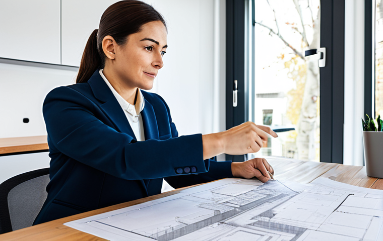 A professional female architect, wearing a modest business blazer, attentively listening to a male client in a professional collared shirt. They are seated at a sleek modern office desk, reviewing architectural blueprints spread out before them. The architect maintains eye contact, conveying deep empathy, while the client gestures, pointing at a section of the plan. A subtle, older, hand-drawn sketch of a cozy, traditional home element (like a fireplace or a bay window) is also visible on the table next to the modern plans, hinting at unspoken preferences. The background shows a bright, contemporary office space with large windows. professional photography, high quality, perfect anatomy, correct proportions, natural pose, well-formed hands, proper finger count, natural body proportions, safe for work, appropriate content, fully clothed, modest clothing, family-friendly.