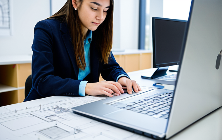 A professional architect student, fully clothed in modest, comfortable student attire, intensely focused on a laptop displaying intricate CAD designs in a modern university design studio. Surrounding elements include detailed architectural models, rolled blueprints, and drafting tools on a clean desk. The studio has soft, ambient lighting creating a studious atmosphere. Perfect anatomy, correct proportions, natural pose, well-formed hands, proper finger count, safe for work, appropriate content, family-friendly.