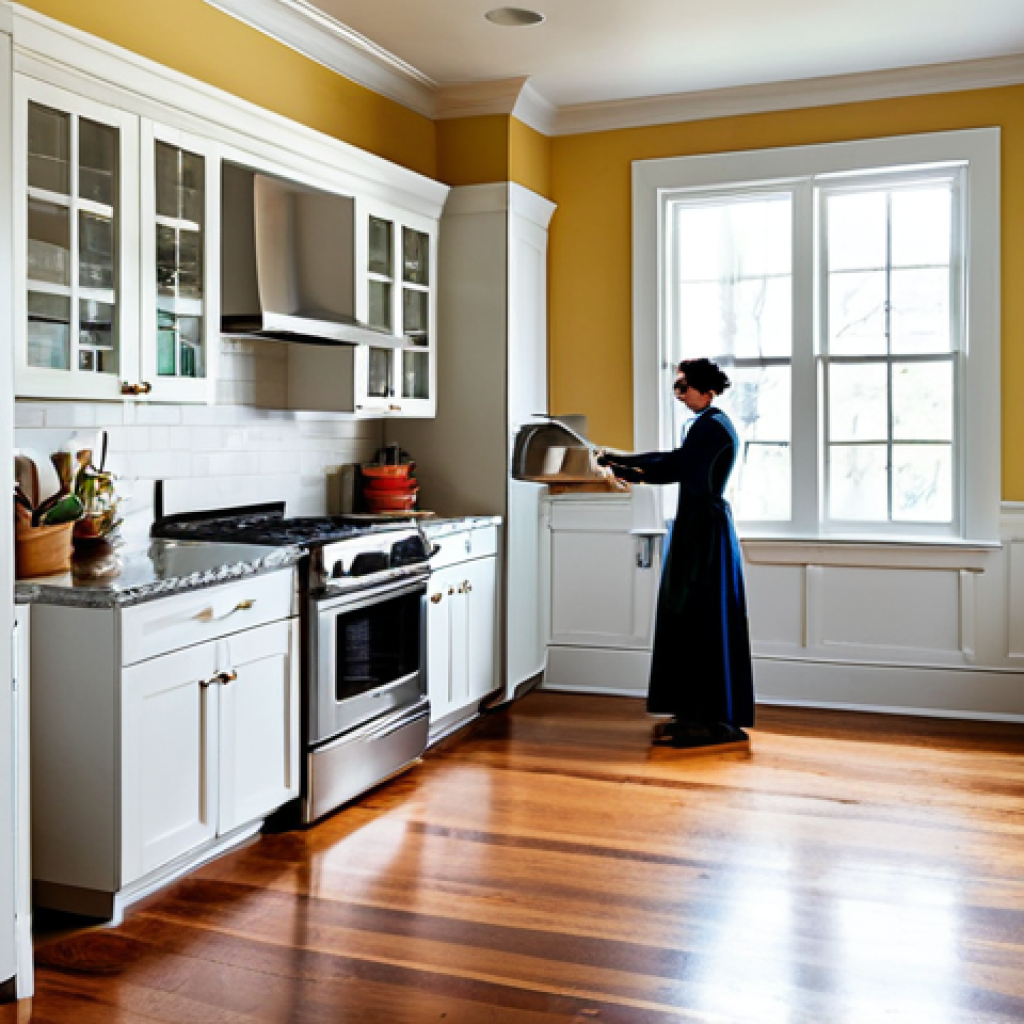 **

A beautifully renovated kitchen in a Victorian-era home. The kitchen features restored original hardwood floors and classic white cabinets, seamlessly blending with modern stainless steel appliances and granite countertops. Sunlight streams through a large window. Fully clothed people are happily preparing food. Appropriate attire, safe for work, perfect anatomy, correct proportions, professional photography, high quality, well-formed hands, proper finger count, natural body proportions, family-friendly, modest clothing.

**