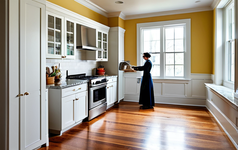 **

A beautifully renovated kitchen in a Victorian-era home. The kitchen features restored original hardwood floors and classic white cabinets, seamlessly blending with modern stainless steel appliances and granite countertops. Sunlight streams through a large window. Fully clothed people are happily preparing food. Appropriate attire, safe for work, perfect anatomy, correct proportions, professional photography, high quality, well-formed hands, proper finger count, natural body proportions, family-friendly, modest clothing.

**