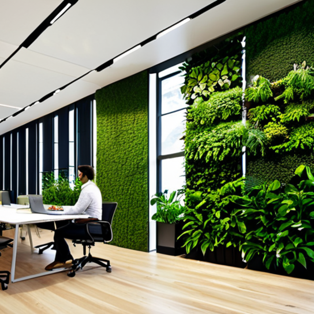 Biophilic Office Space**

"A modern office space featuring a large vertical garden wall, natural light streaming through large windows, and employees working comfortably. The scene emphasizes the integration of nature into the workspace.  Fully clothed individuals, appropriate attire, safe for work, professional environment, perfect anatomy, well-formed hands, natural proportions, high quality rendering, indoor setting."

**
