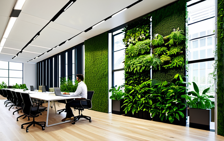 Biophilic Office Space**

"A modern office space featuring a large vertical garden wall, natural light streaming through large windows, and employees working comfortably. The scene emphasizes the integration of nature into the workspace.  Fully clothed individuals, appropriate attire, safe for work, professional environment, perfect anatomy, well-formed hands, natural proportions, high quality rendering, indoor setting."

**