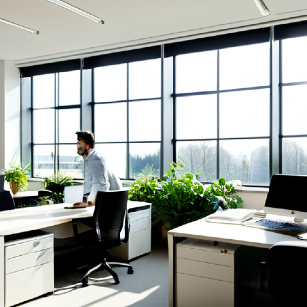 Natural Light Office**

"A modern office interior with large windows showcasing natural light. Light shelves are visible above the windows, bouncing sunlight onto light-colored walls. Employees are working at desks, fully clothed in business casual attire. Plants are placed throughout the office. Safe for work, appropriate content, professional environment, perfect anatomy, correct proportions, natural pose, high quality, well-formed hands, proper finger count, natural body proportions."

**