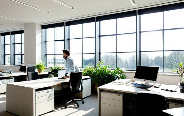 Natural Light Office**

"A modern office interior with large windows showcasing natural light. Light shelves are visible above the windows, bouncing sunlight onto light-colored walls. Employees are working at desks, fully clothed in business casual attire. Plants are placed throughout the office. Safe for work, appropriate content, professional environment, perfect anatomy, correct proportions, natural pose, high quality, well-formed hands, proper finger count, natural body proportions."

**