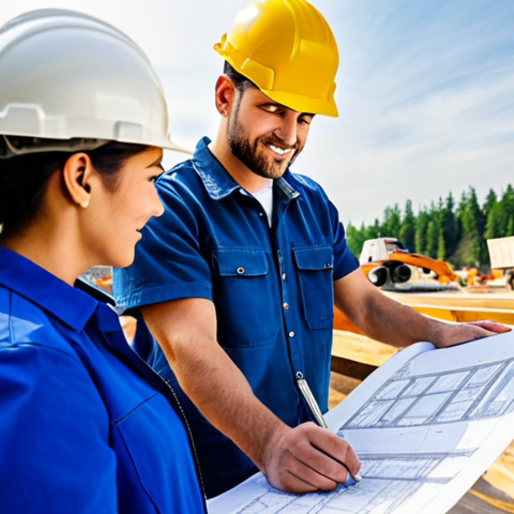 건축가가 현장에서 배운 교훈 - **Prompt:** A construction site scene, showing a diverse team (architect, engineer, construction wor...