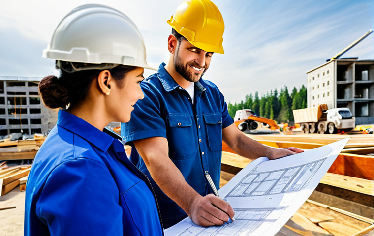 건축가가 현장에서 배운 교훈 - **Prompt:** A construction site scene, showing a diverse team (architect, engineer, construction wor...
