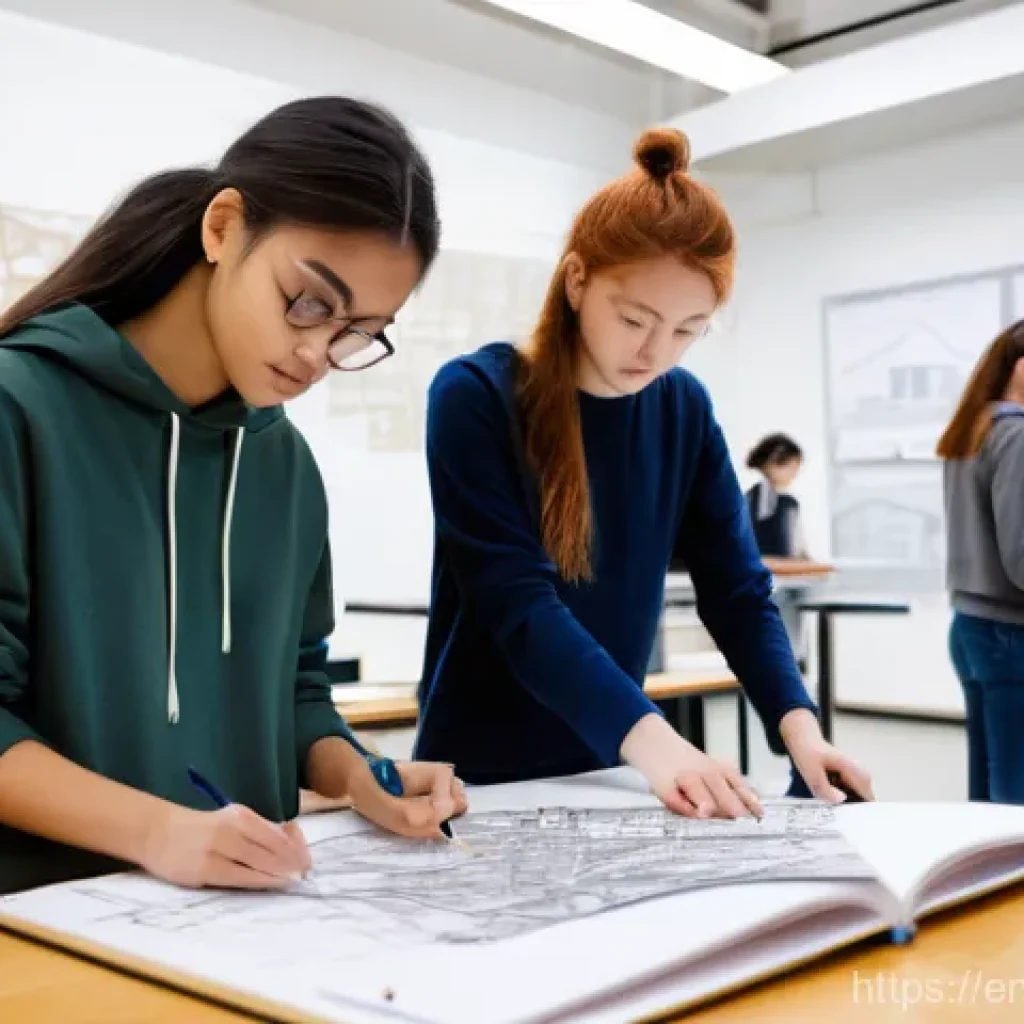 건축 실기 시험 대비 예상 문제 분석 - **Prompt:** A dynamic scene in a modern university architecture studio. A diverse group of four stud...