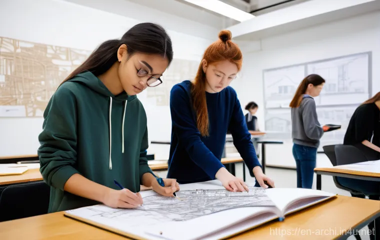 건축 실기 시험 대비 예상 문제 분석 - **Prompt:** A dynamic scene in a modern university architecture studio. A diverse group of four stud...