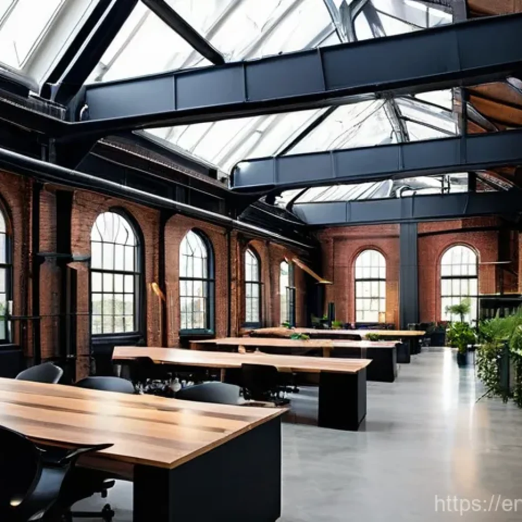 건축 프로젝트 사례 분석 - **Prompt:** "A meticulously restored interior of a grand, historic textile mill, now transformed int...