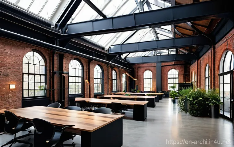 건축 프로젝트 사례 분석 - **Prompt:** "A meticulously restored interior of a grand, historic textile mill, now transformed int...
