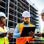 건축 프로젝트에서 갈등 해결하기 - **Prompt:** A diverse team of construction professionals, including engineers and site managers, gat...