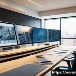 건축가의 전문성 평가 요소 - A modern architect’s workspace featuring a sleek desk with detailed blueprints and 3D building model...