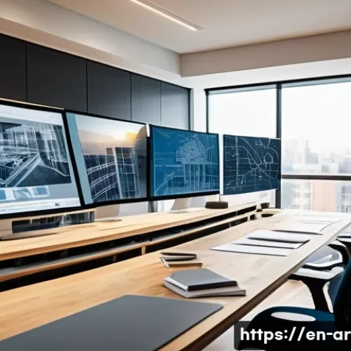 건축가의 전문성 평가 요소 - A modern architect’s workspace featuring a sleek desk with detailed blueprints and 3D building model...