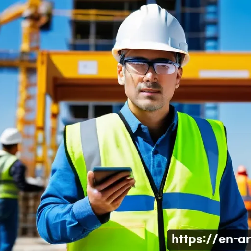 건축 감리 업무 사례 - A vigilant construction supervisor wearing a yellow hard hat, high-visibility vest, and safety glass...