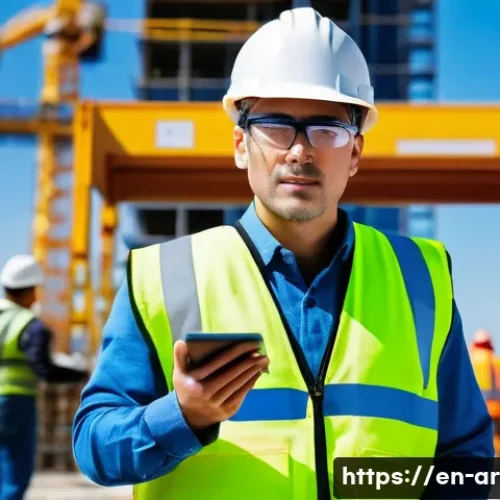 건축 감리 업무 사례 - A vigilant construction supervisor wearing a yellow hard hat, high-visibility vest, and safety glass...