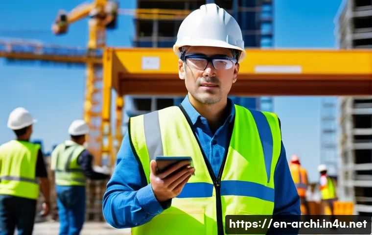 건축 감리 업무 사례 - A vigilant construction supervisor wearing a yellow hard hat, high-visibility vest, and safety glass...