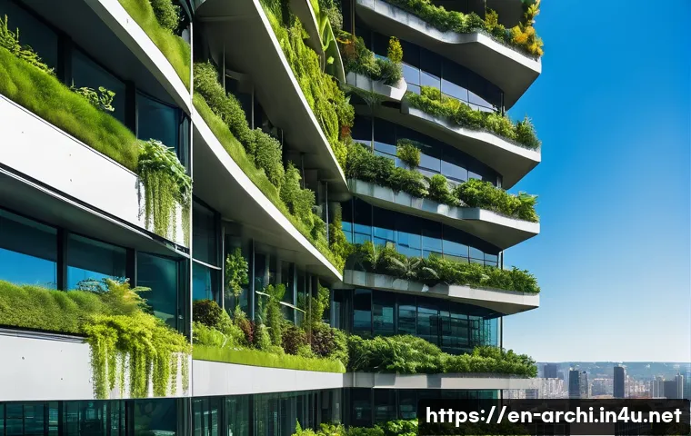 건축가가 참여한 독특한 프로젝트 사례 - A futuristic high-rise building featuring expansive vertical gardens covering its entire facade, lus...