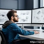 건축가의 경력 전환 성공 사례 - A professional architect transitioning into software and UX design, seated at a modern workspace fil...