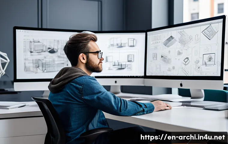 건축가의 경력 전환 성공 사례 - A professional architect transitioning into software and UX design, seated at a modern workspace fil...