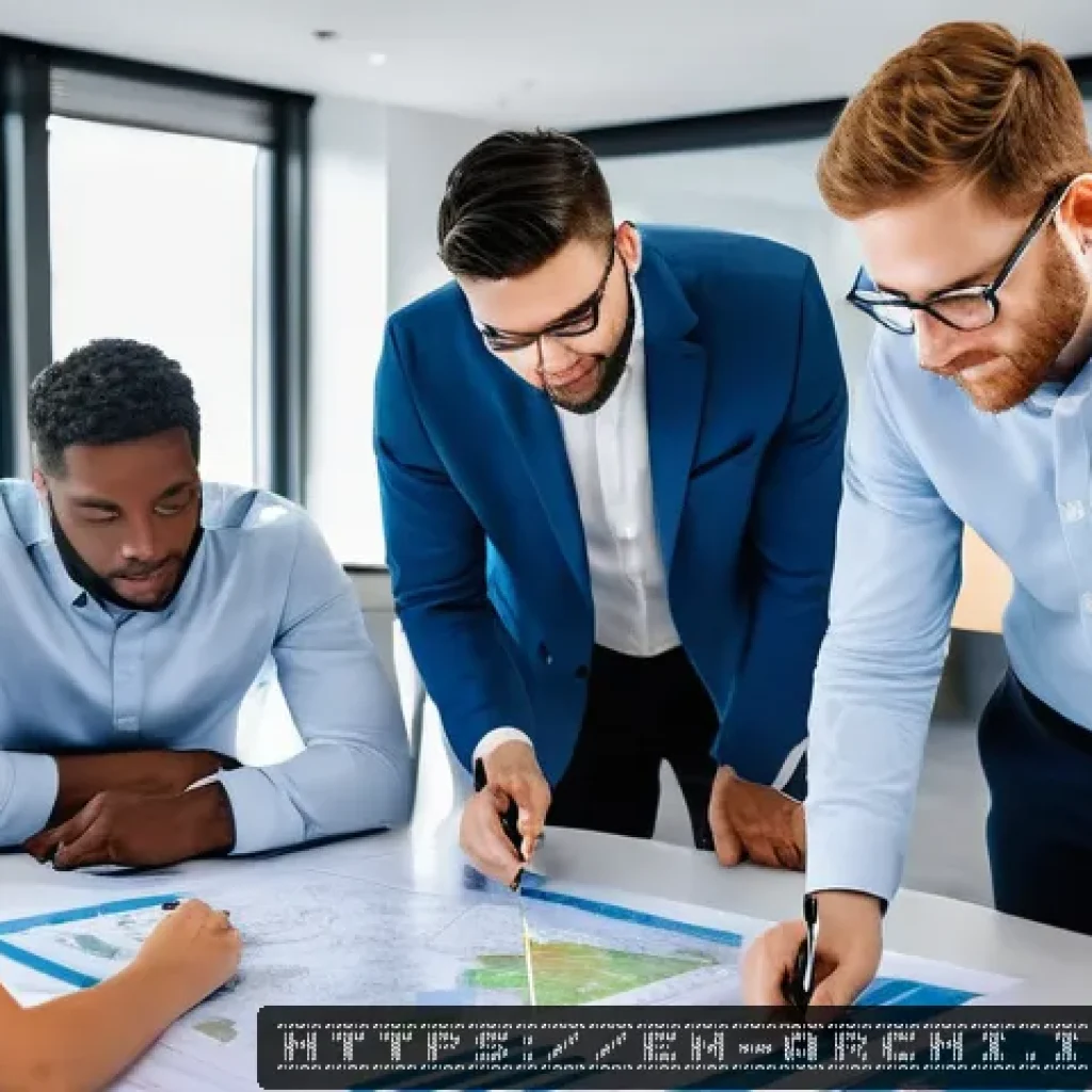 건축 프로젝트와 규제 준수 사례 - A modern urban mixed-use development team in a bright conference room, diverse professionals includi...