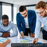 건축 프로젝트와 규제 준수 사례 - A modern urban mixed-use development team in a bright conference room, diverse professionals includi...