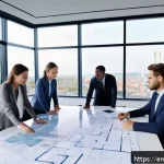 건축가와 시공사 간의 협력 사례 - A modern architectural office scene showing a diverse team of architects and contractors collaborati...