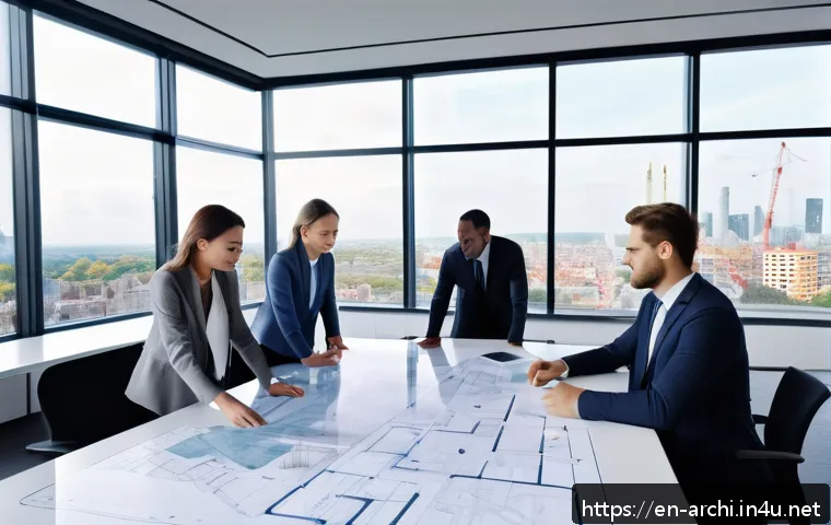 건축가와 시공사 간의 협력 사례 - A modern architectural office scene showing a diverse team of architects and contractors collaborati...