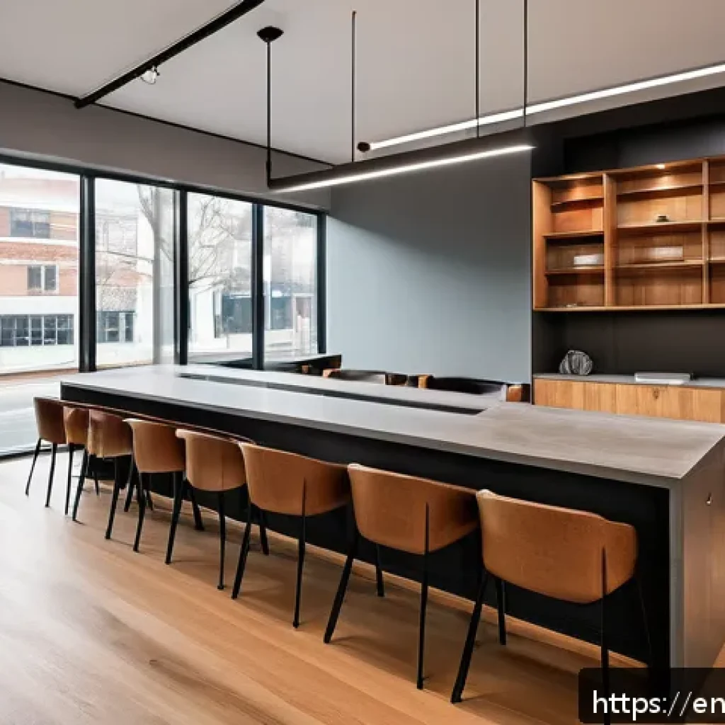 건축 디테일 설계의 중요성 - A modern coworking space interior featuring a sophisticated blend of materials: polished warm wood f...