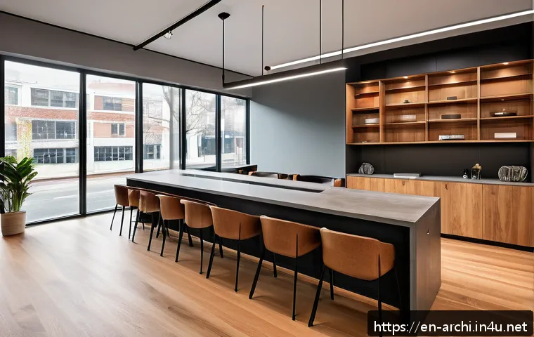 건축 디테일 설계의 중요성 - A modern coworking space interior featuring a sophisticated blend of materials: polished warm wood f...