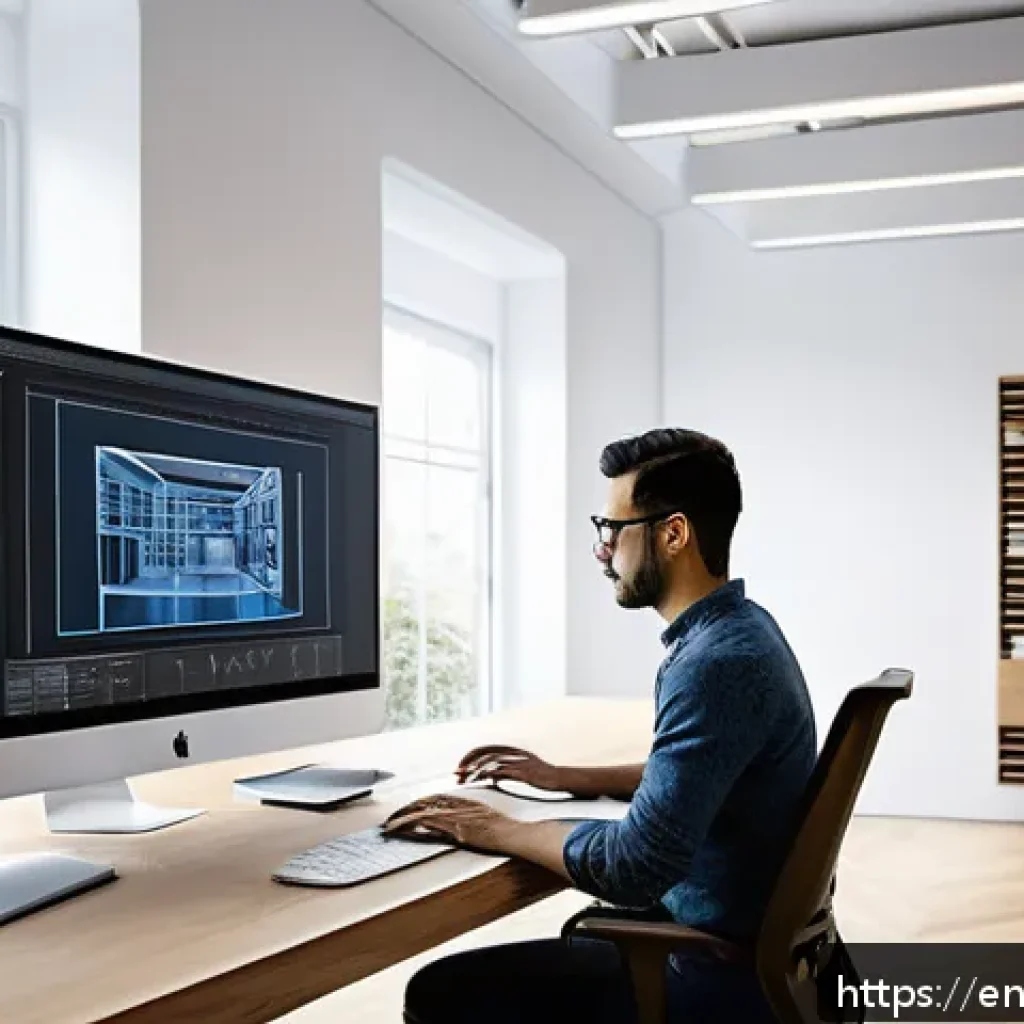 건축가를 위한 소프트웨어 추천 - A high-tech architectural design studio scene featuring an architect working on a sleek computer wit...