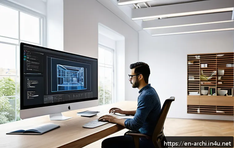 건축가를 위한 소프트웨어 추천 - A high-tech architectural design studio scene featuring an architect working on a sleek computer wit...