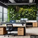 건축 설계와 사용자 경험의 중요성 - A modern open-plan office interior featuring biophilic design elements: abundant natural light strea...
