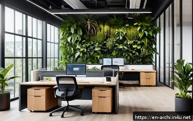 건축 설계와 사용자 경험의 중요성 - A modern open-plan office interior featuring biophilic design elements: abundant natural light strea...