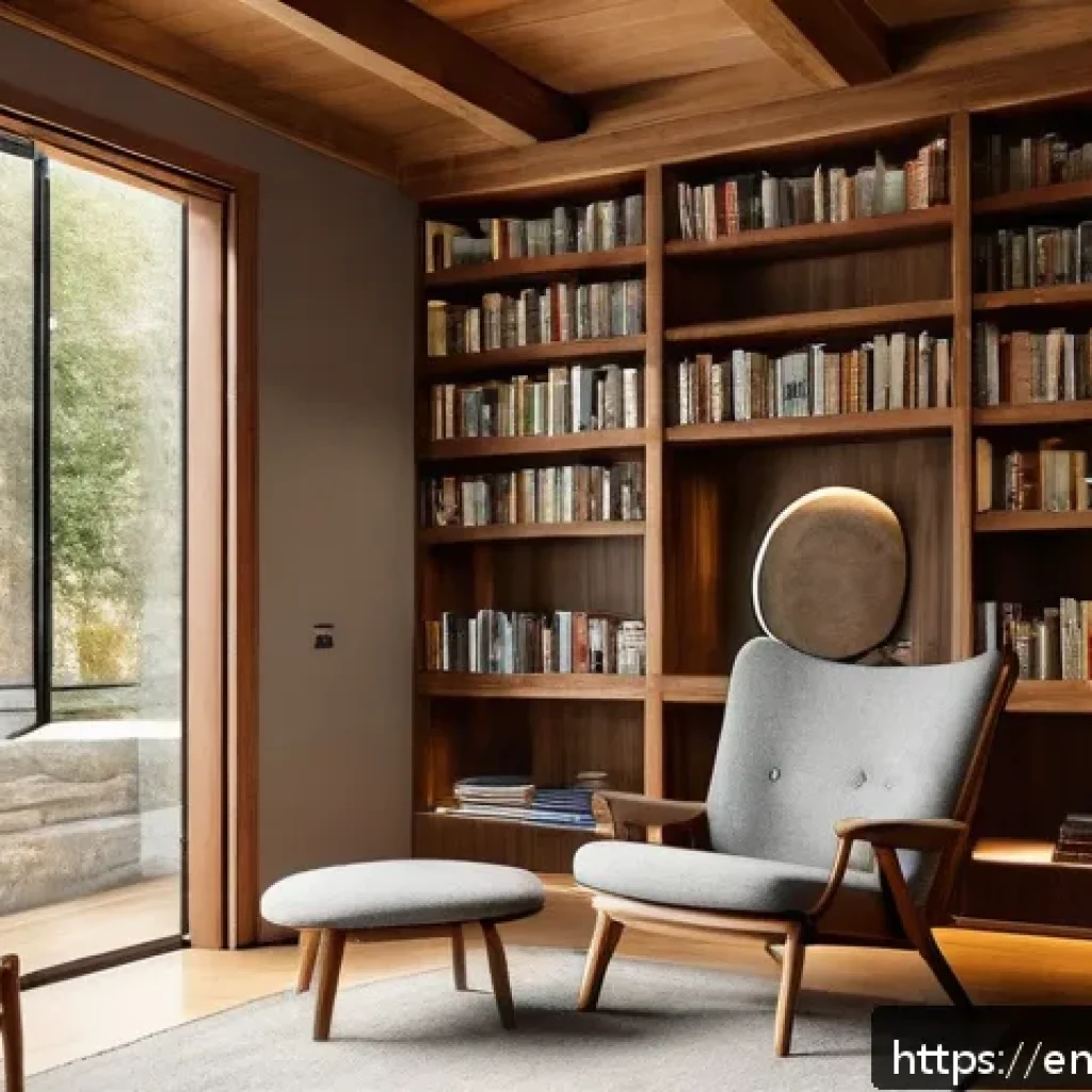 건축설계에서 스케일의 중요성 - A cozy, intimate reading nook inside a modern library featuring a low ceiling with warm wooden beams...