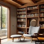 건축설계에서 스케일의 중요성 - A cozy, intimate reading nook inside a modern library featuring a low ceiling with warm wooden beams...