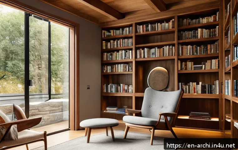 건축설계에서 스케일의 중요성 - A cozy, intimate reading nook inside a modern library featuring a low ceiling with warm wooden beams...