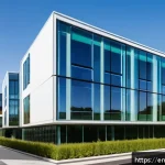 건축가 실무 사례 분석 - A modern sustainable building exterior featuring a sleek facade integrated with large photovoltaic g...