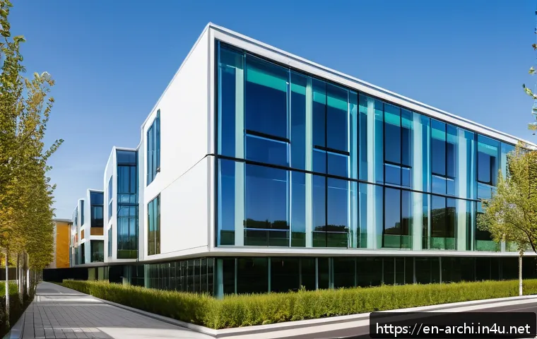 건축가 실무 사례 분석 - A modern sustainable building exterior featuring a sleek facade integrated with large photovoltaic g...
