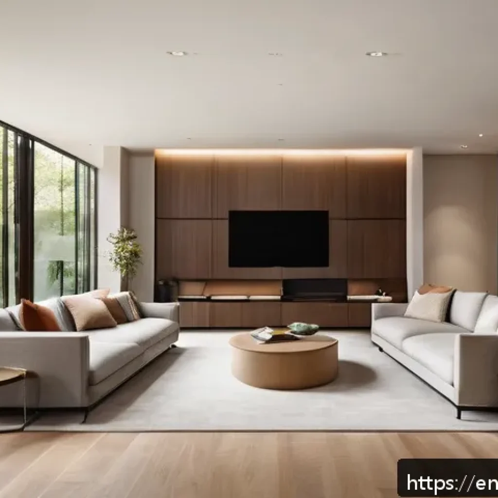 건축 설계에서 조명 계획하기 - A modern residential living room bathed in warm natural light streaming through large floor-to-ceili...