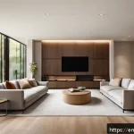 건축 설계에서 조명 계획하기 - A modern residential living room bathed in warm natural light streaming through large floor-to-ceili...