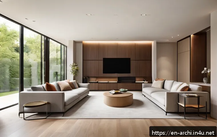 건축 설계에서 조명 계획하기 - A modern residential living room bathed in warm natural light streaming through large floor-to-ceili...