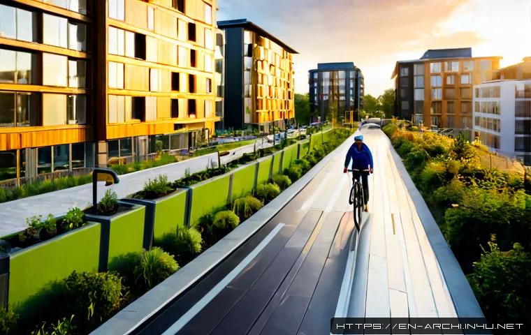 Home 17 건축 설계의 미래 트렌드 전망 - Photorealistic wide-angle view of a sustainable future urban neighborhood at sunrise, elegant timber...