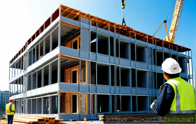 건축 설계의 모듈형 접근법과 사례 연구 - Photorealistic architectural case study scene of a modular apartment building under construction in ...