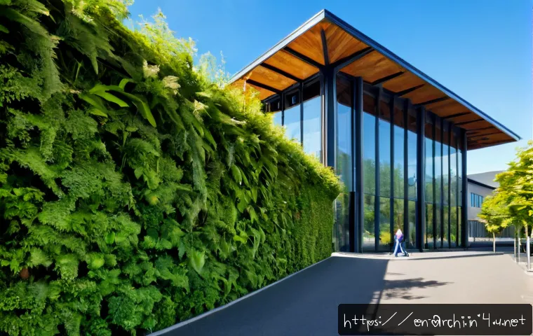 Home 17 건축 설계와 지속 가능성 인증 제도 - Photorealistic modern sustainable office building with timber beams, large solar-panel roof, green l...